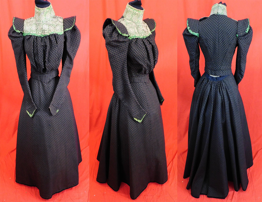 Victorian Green Brown Plaid Wool Blue Tufted Polka Dot Mutton Sleeve Bodice Dress
