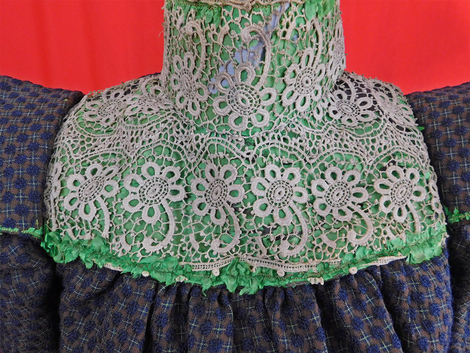 Victorian Green Brown Plaid Wool Blue Tufted Polka Dot Mutton Sleeve Bodice Dress
The skirt measures 43 inches long, with a 22 inch waist and 64 inch hips. 