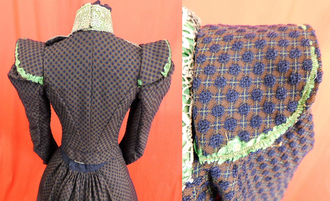 Victorian Green Brown Plaid Wool Blue Tufted Polka Dot Mutton Sleeve Bodice Dress
This is truly a wonderful piece of antique Victoriana wearable art! 