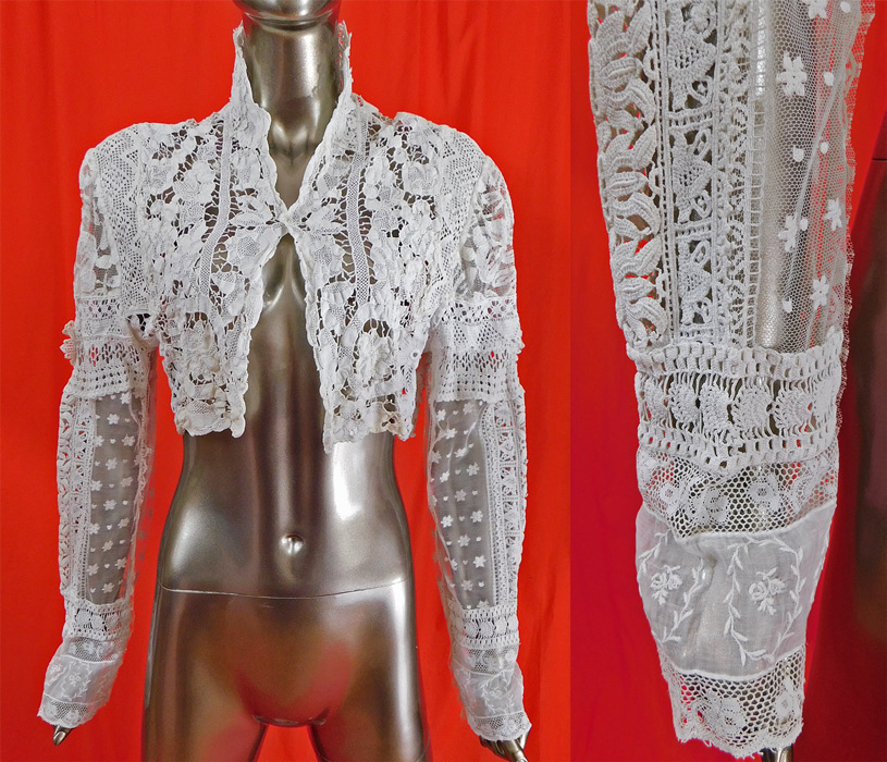 Vintage Victorian Style Point de Venise Needle Lace White Patchwork Short Bolero Jacket 
This vintage Victorian style Point de Venise needle lace white patchwork short bolero jacket dates from the 1970s, but was created from antique lace fabrics and trims. It is made of a white Point de Venise durable needle lace with a floral spiral scrolling rococo pattern, heavy outlining cordonnets, buttonholed brides and a patchwork of other embroidered net, batiste fabric pieces, filet, crochet, cluny, torchon, bobbin laces.