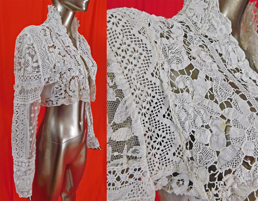 Vintage Victorian Style Point de Venise Needle Lace White Patchwork Short Bolero Jacket 
It is in good condition, with only a some slight faint yellowing discoloration on the front (see close-up).This is truly a beautiful custom made piece of Victorian inspired wearable art!