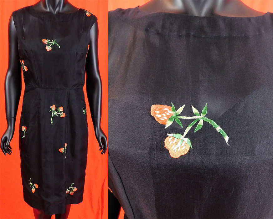 Vintage Black Cotton Organdy Organza Red Strawberry Embroidered Sheath Dress

