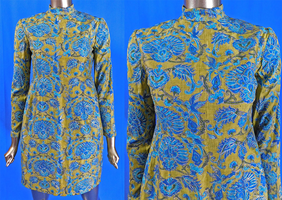 Vintage Chinese Kingfisher Blue Bird Feather Fabric Silk Shantung Mini Dress
This vintage Chinese kingfisher blue bird feather fabric silk shantung mini dress dates from the 1960s. It is made of an opulent Chinese shantung silk fabric with a chartreuse green color background, varying shades of iridescent blue resembling the feathers of the highly prized kingfisher bird, with a floral vine leaf bird print pattern design outlined in a raised silver thread couching work.