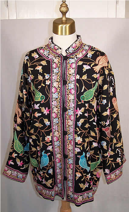 Tree of Life Bird Crewel Work Embroidery Coat  Front view.