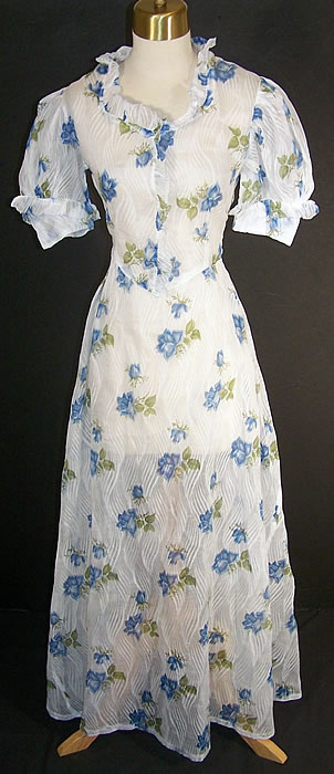   Organdy Blue Floral Rose Print Garden Dress Front view.