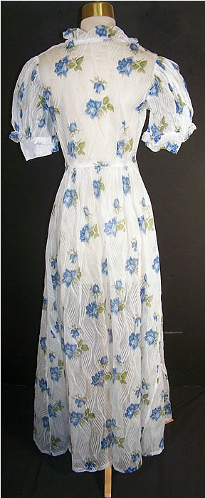  Organdy Blue Floral Rose Print Garden Dress Back View.