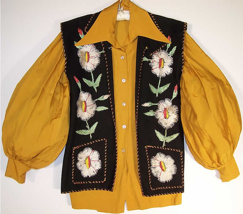 Mexican Embroidered Wool Vest & Gold Blouse   Close up.