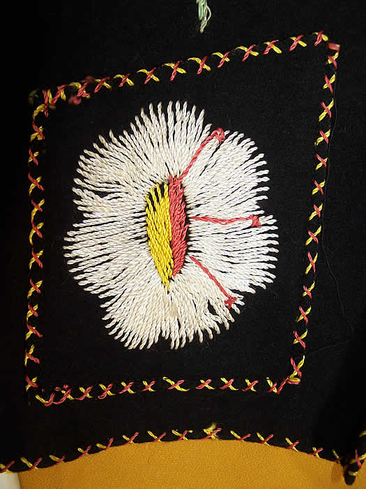 Mexican Embroidered Wool Vest & Gold Blouse   Close up.