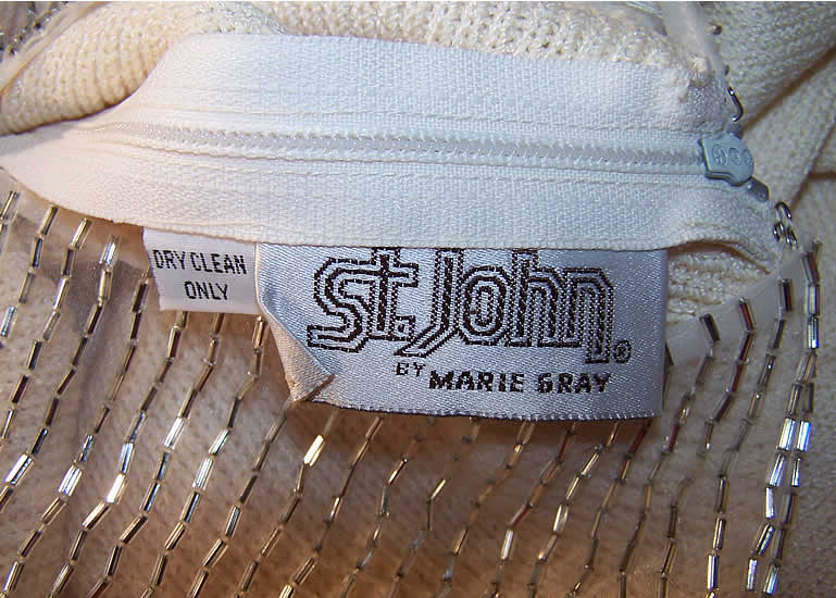 St. John Knit Cream Silver Beaded Dress Close up.