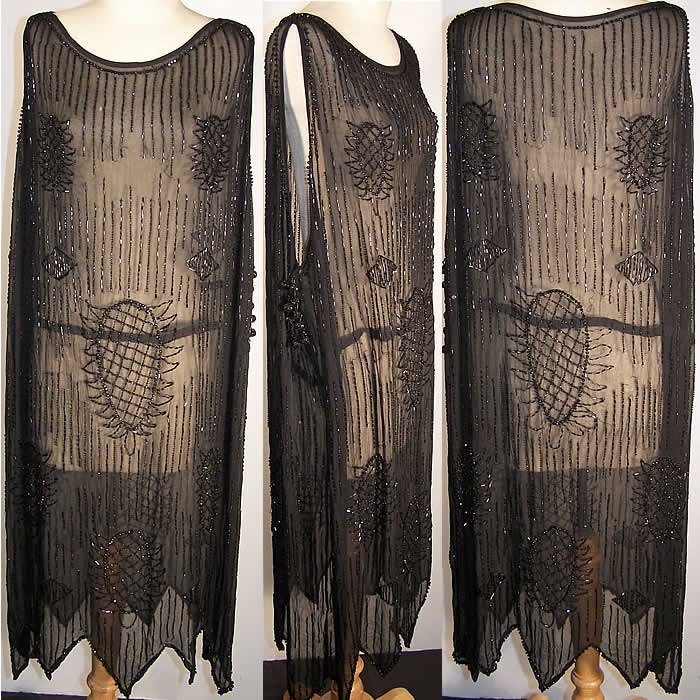 Art Deco Sheer Black Beaded Flapper Dress  Front view.