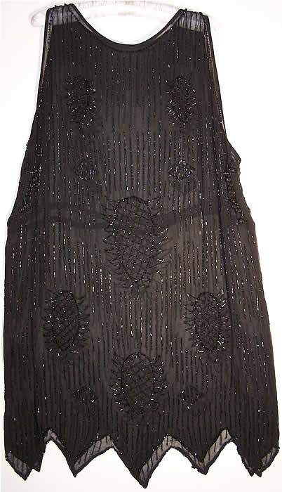 Art Deco Sheer Black Beaded Flapper Dress Close up.