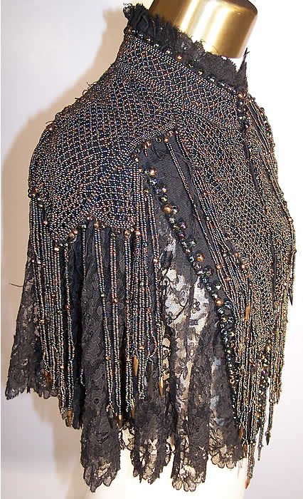 Victorian Green Bronze Beaded Lace Capelet Back View.