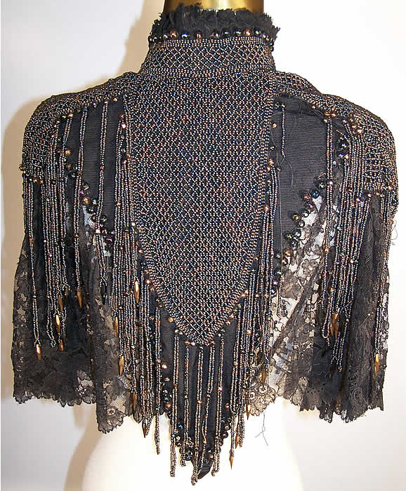 Victorian Green Bronze Beaded Lace Capelet side view.