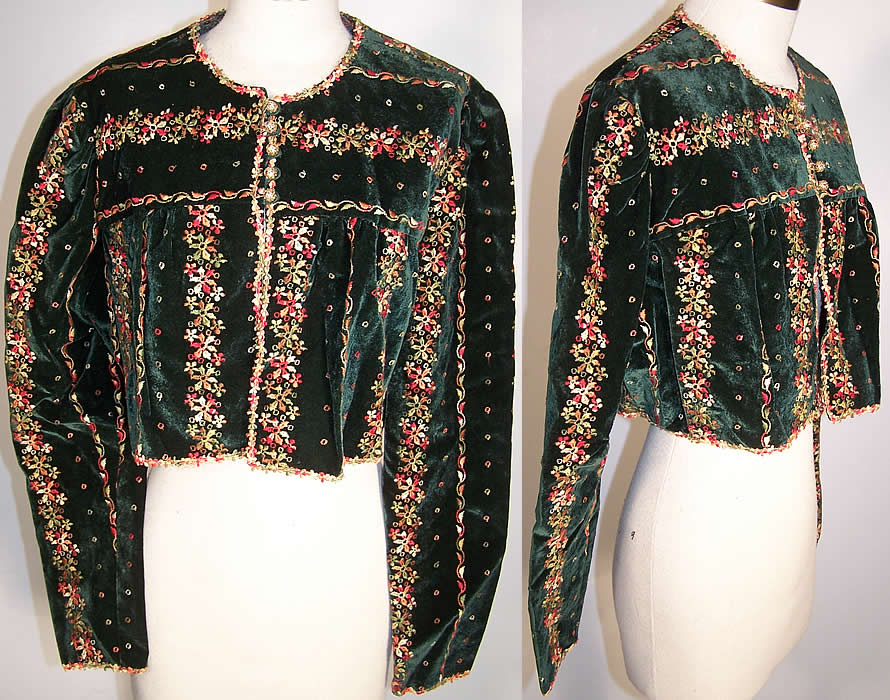 Green Velvet Floral Embroidered Crop Bolero Jacket   Front view.