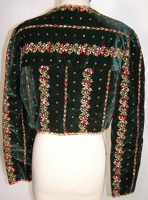 Green Velvet Floral Embroidered Crop Bolero Jacket  Back View.