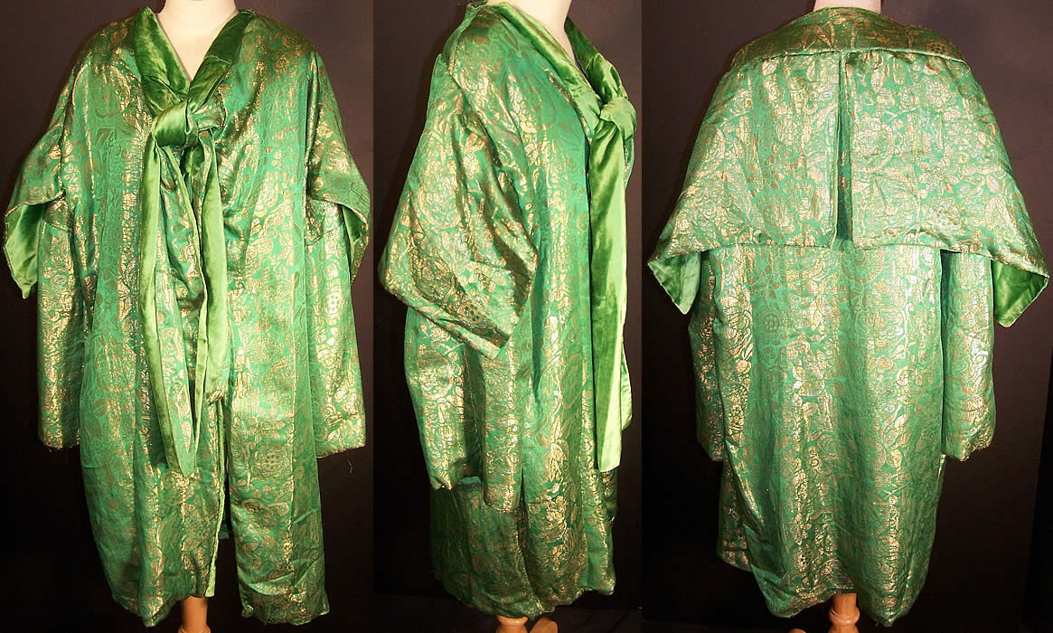 Art Deco Emerald Green Silk Velvet Gold Lamé Shawl Coat  Front view.
