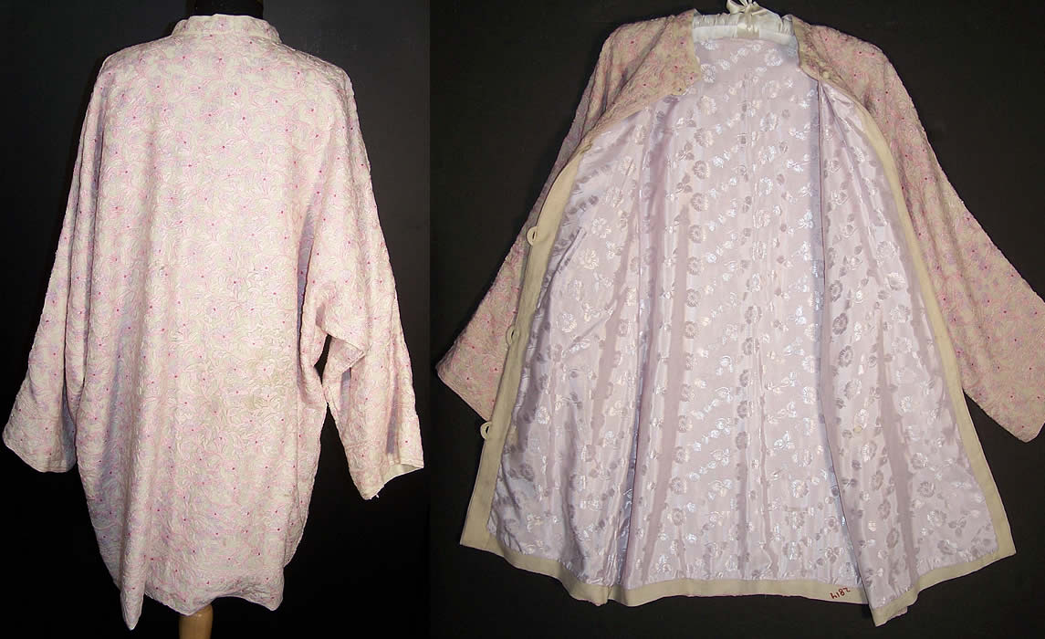 Antique Pink Purple Floral Crewel Work Embroidery Coat  Close up.