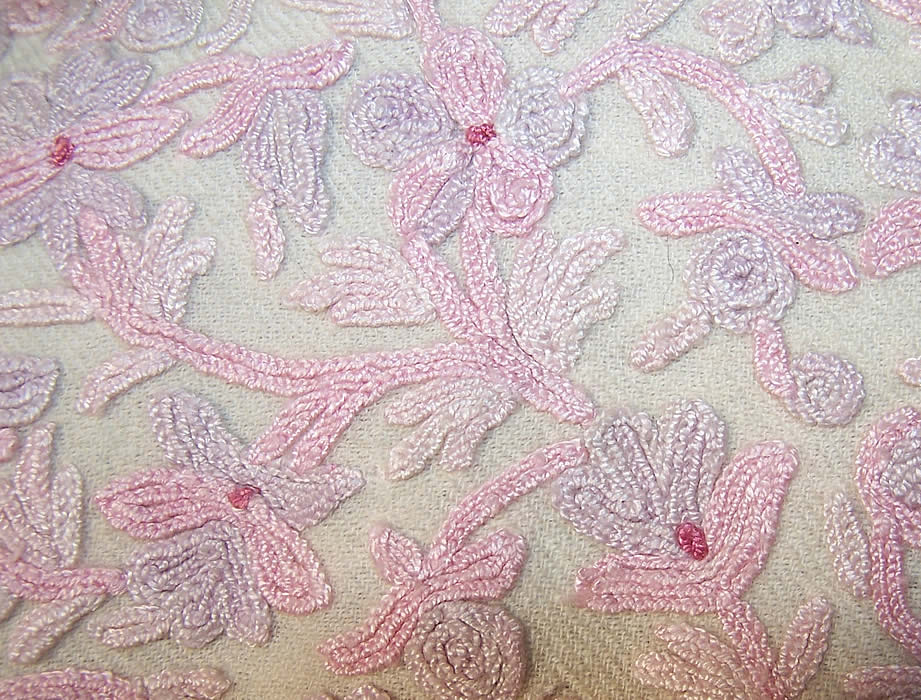 Antique Pink Purple Floral Crewel Work Embroidery Coat  Close up.