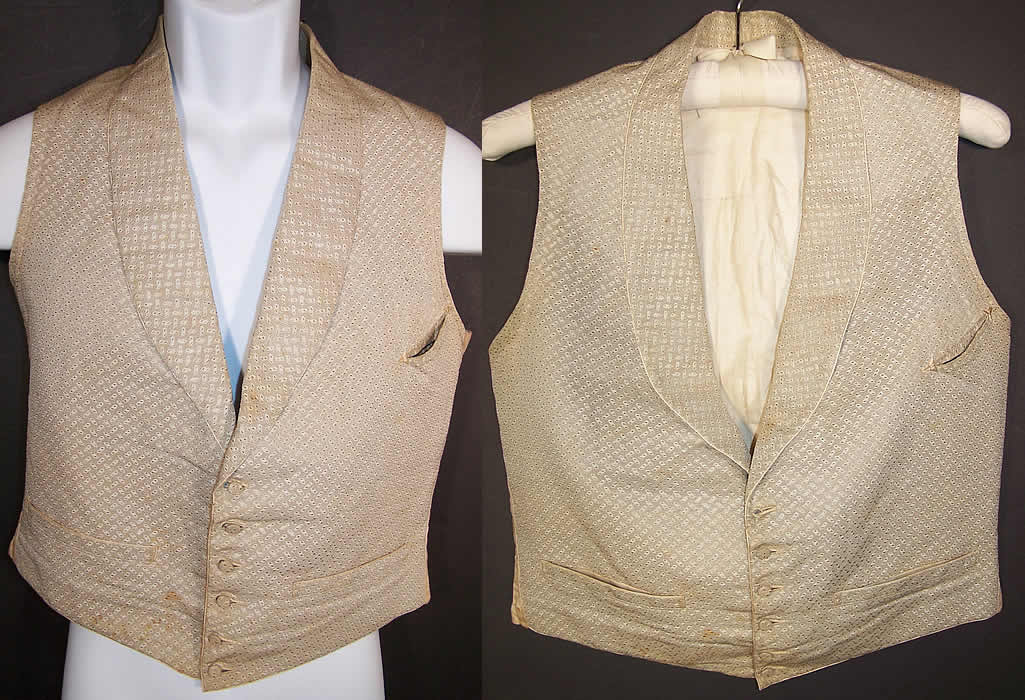 Victorian Gentlemen's Silver Brocade Waistcoat Vest  Front view.