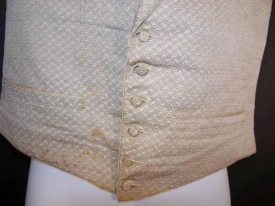 Victorian Gentlemen's Silver Brocade Waistcoat Vest close-up