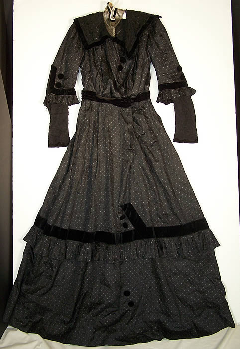 Edwardian Black Silk White Polka Dot Gown Dress front view.