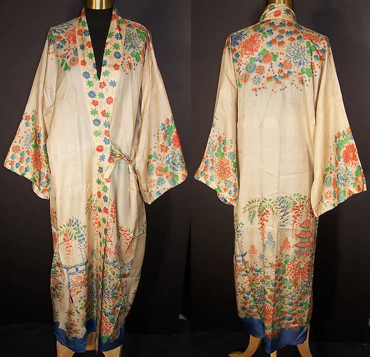 Vintage 1920s Japanese Raw Silk Screen Floral Pagoda Kimono Robe Coat ...