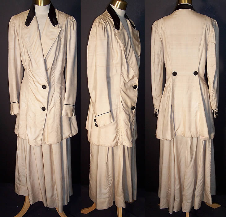  Edwardian Raw Silk Walking Suit Jacket Skirt Front view.
