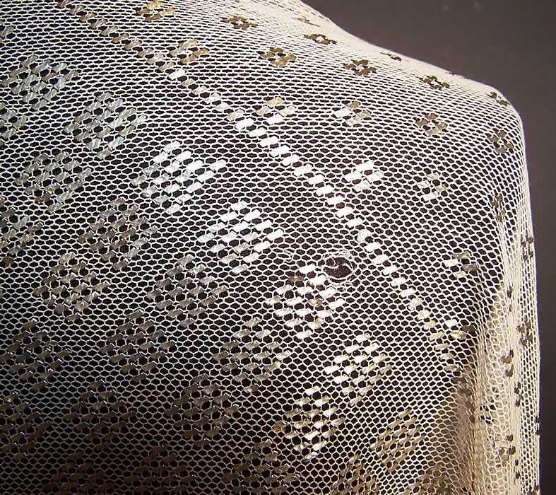 Art Deco Antique Egyptian Assuit Ecru Net Silver Shawl Scarf a tiny hole in the net near the center edging 