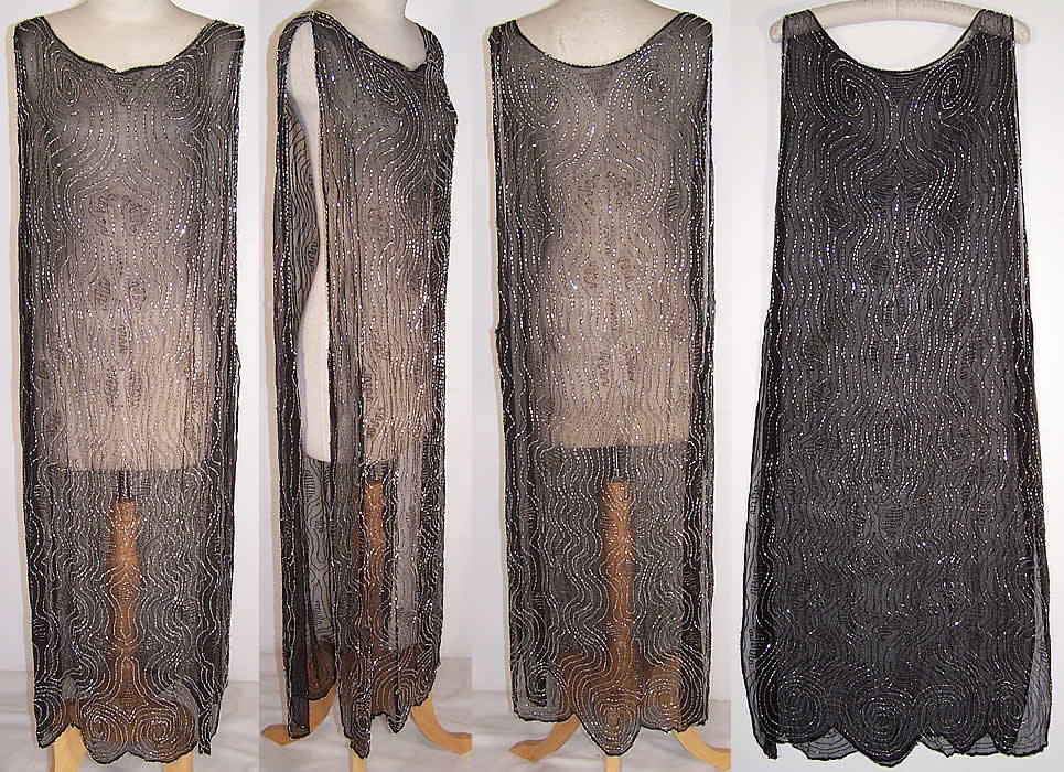 Vintage Art Deco Black Silk Beaded Open Sides Flapper Tunic Dress