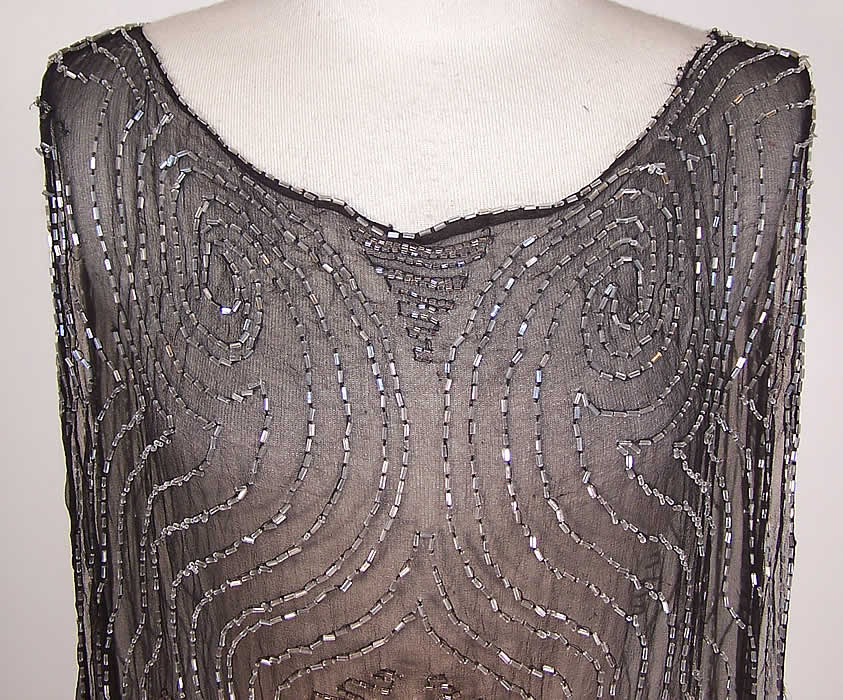 Vintage Art Deco Black Silk Beaded Open Sides Flapper Tunic Dress close up