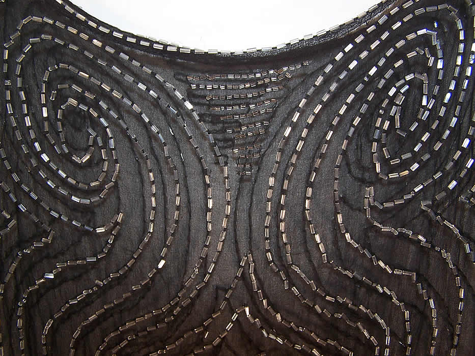 Vintage Art Deco Black Silk Beaded Open Sides Flapper Tunic Dress exteme close up