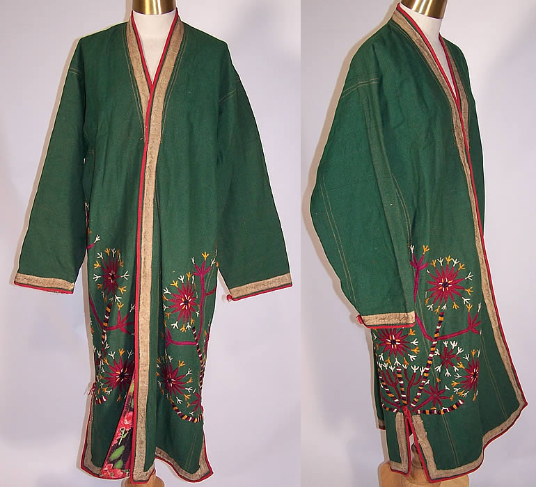 Vintage Green Linen Tambour Chain Stitch Embroidered Uzbek Suzani Robe Coat