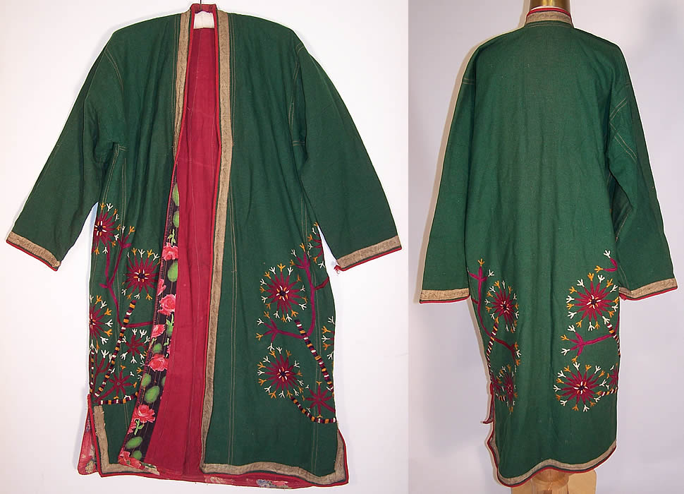 Vintage Green Linen Tambour Chain Stitch Embroidered Uzbek Suzani Robe Coat front and back