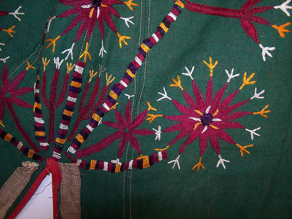Vintage Green Linen Tambour Chain Stitch Embroidered Uzbek Suzani Robe Coat Close up.