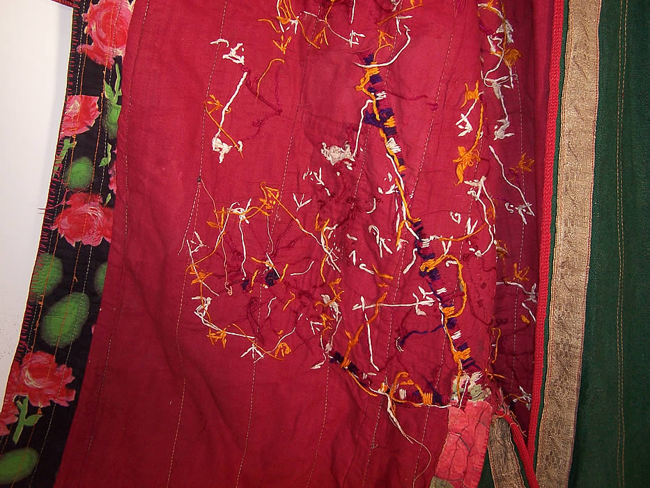 Vintage Green Linen Tambour Chain Stitch Embroidered Uzbek Suzani Robe Coat lining