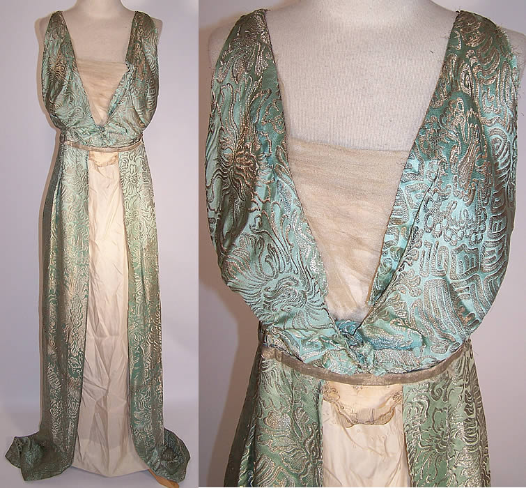 Edwardian Titanic Green Silk Silver Lamé Brocade Grecian Gown Dress front views