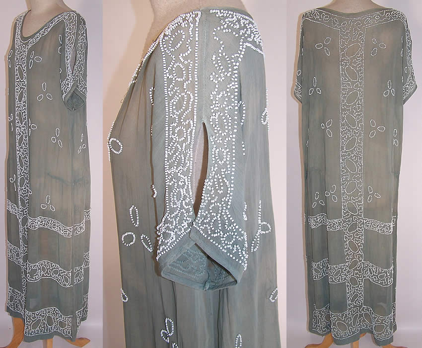 Vintage Teal Blue Gray Cotton Muslin White Beaded Drop Waist Shift Dress side view, sleeve close up & back view.