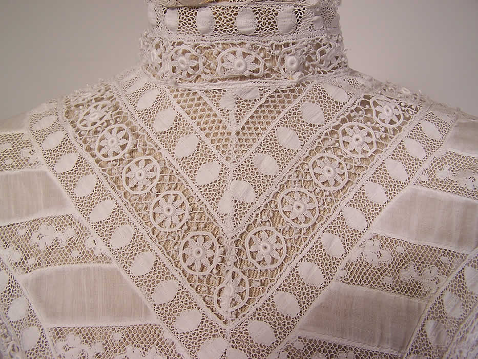 Victorian High Collar White Cotton Batiste Lace Lawn Graduation Dress close up