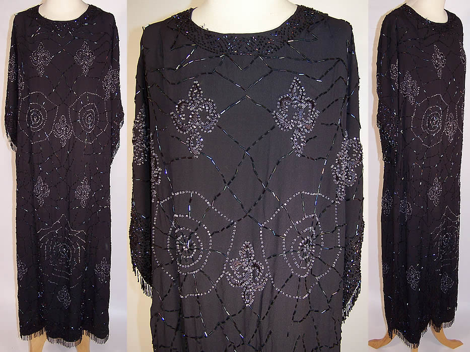 Vintage Art Deco Black Silk Spider Cob Web Fleur De Lis Beaded Flapper Dress