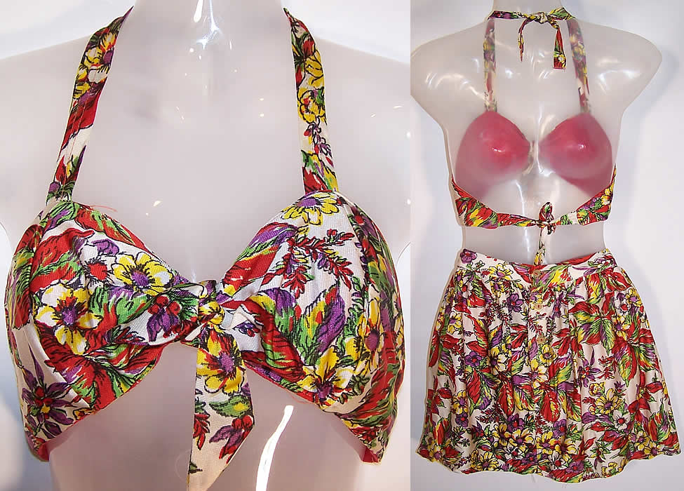 Vintage Floral Silk Rayon Tricot Pinup Bikini Swimsuit & Bathing Swim Cap