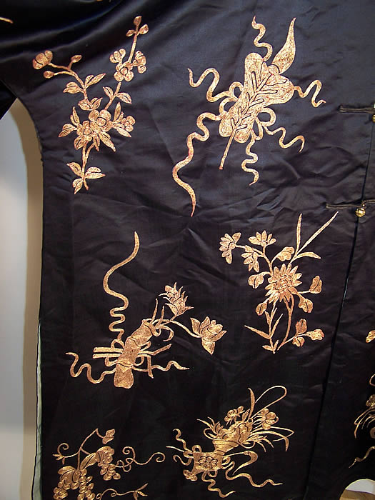 Antique Chinese Precious Objects Gold Couching Embroidered Robe Coat close up.