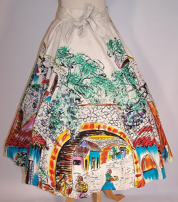 Vintage Tel-Art Figural Village Scene Hand Painted Mexican Circle Skirt 