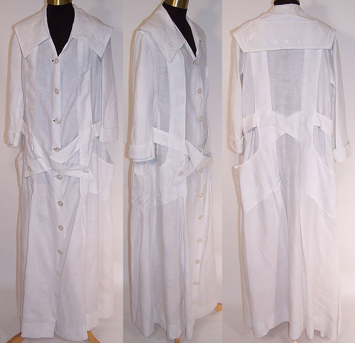 Edwardian Women's White Linen Embroidered Belted Long Duster Coat