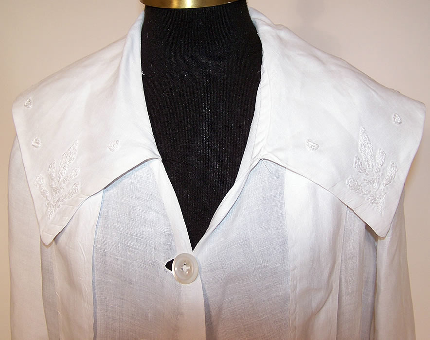 Edwardian Women's White Linen Embroidered Belted Long Duster Coat close up