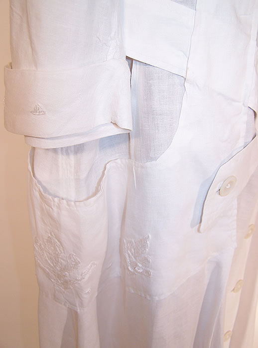 Edwardian Women's White Linen Embroidered Belted Long Duster Coat pocket
