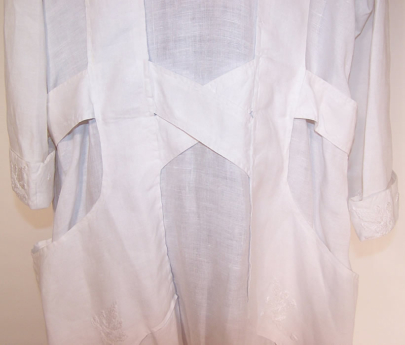 Edwardian Women's White Linen Embroidered Belted Long Duster Coat back