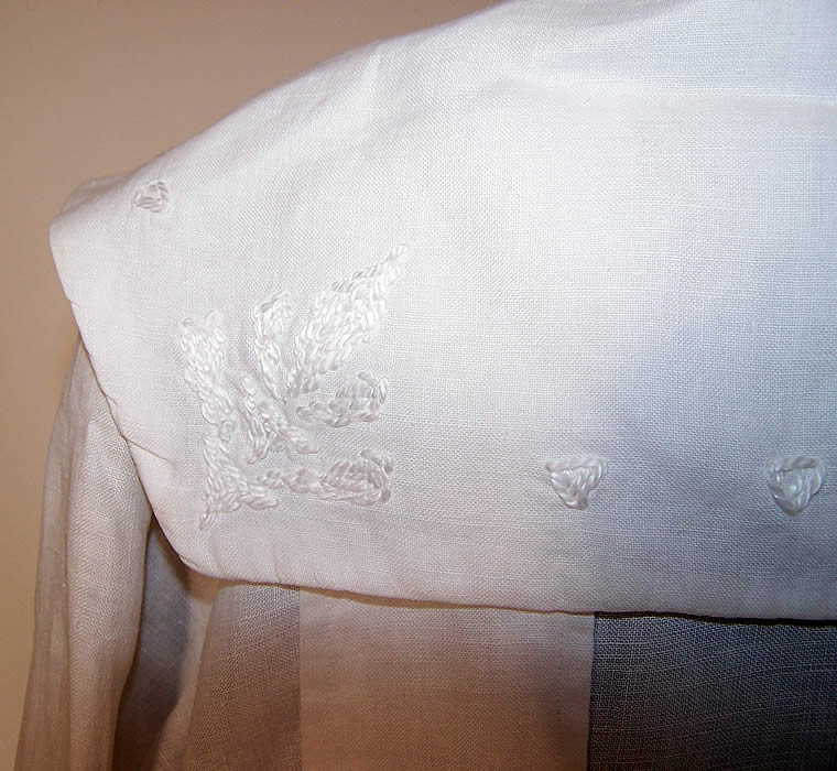Edwardian Women's White Linen Embroidered Belted Long Duster Coat close up.