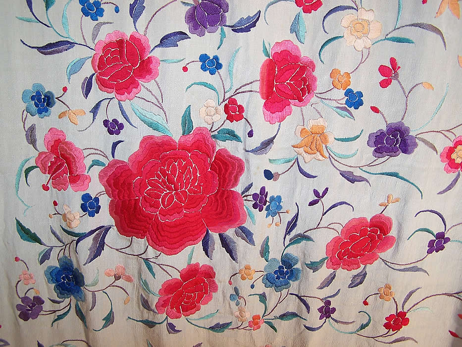 Antique White Silk Red Roses Floral Embroidered Canton Piano Shawl close up