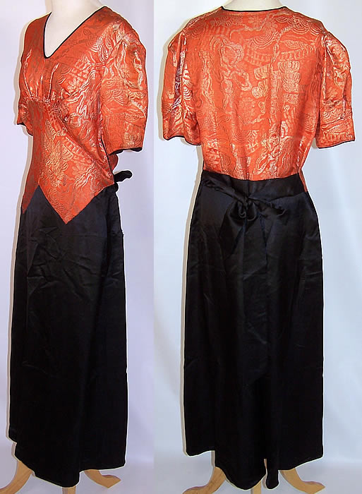 Art Deco Orange Lamé Gold Metallic Black Silk Bias Cut Belted Dress
