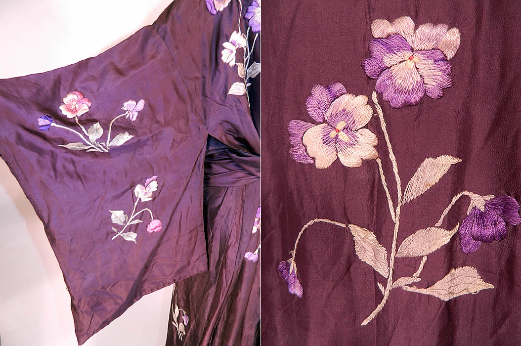 Antique Japanese Purple Plum Pansy Embroidered Silk Sash Kimono Robe